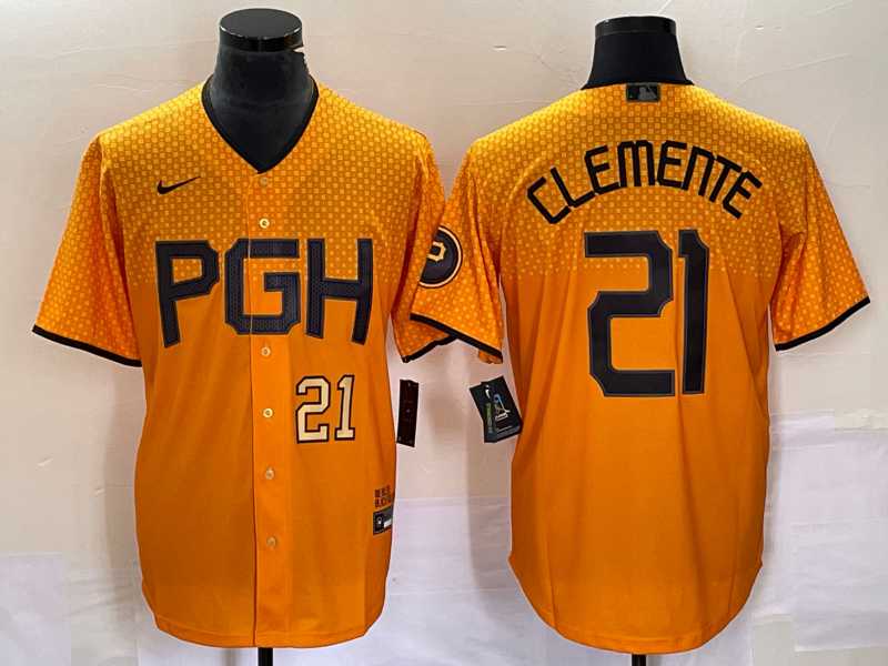 Men%27s Pittsburgh Pirates #21 Roberto Clemente Number Gold 2023 City Connect Stitched Jersey2->pittsburgh pirates->MLB Jersey